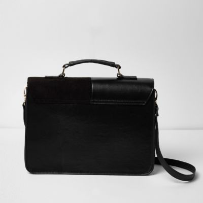Black mixed texture panel satchel bag